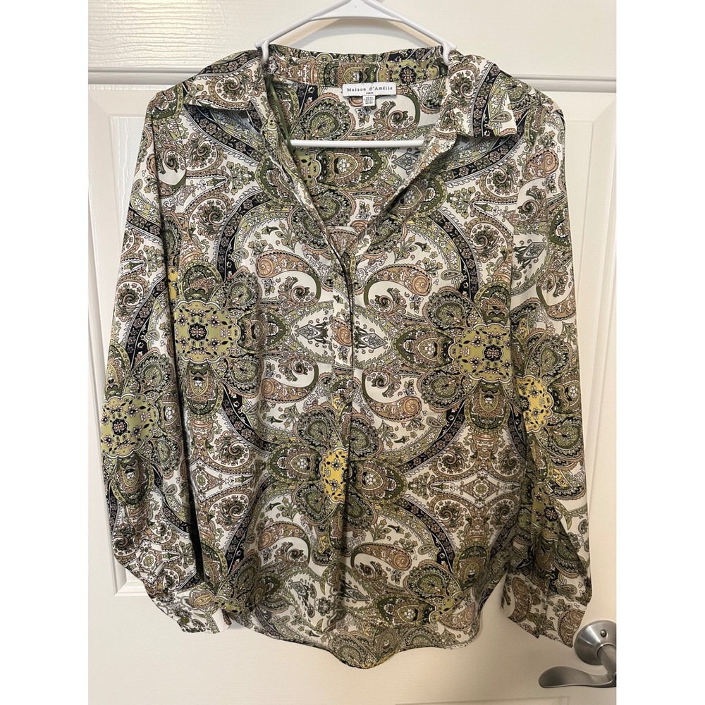 Maison d'Amélie Blouse Women XS Green Paisley Long Sleeve Button Up High Low Hem